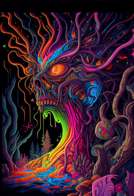 Una pintura de un zombi con un árbol en el frente.