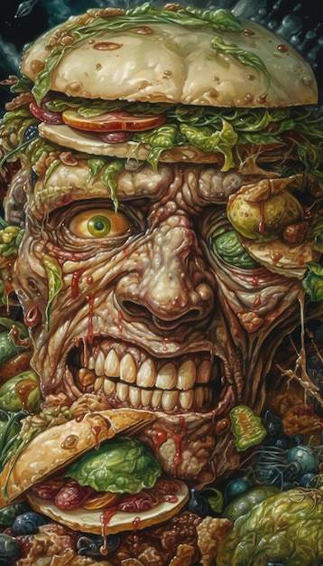 Una pintura de un zombi con una ensalada en la cabeza.