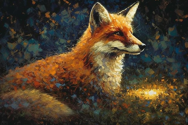 Una pintura de un zorro en un bosque.