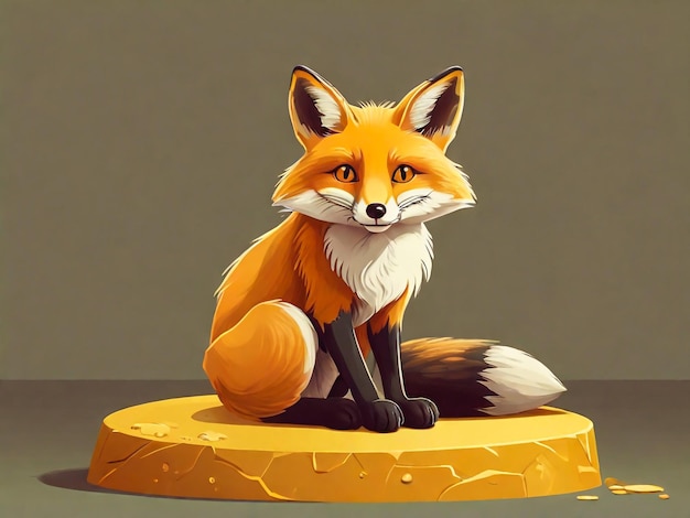 una pintura de un zorro con una etiqueta amarilla que dice zorro sentado en una pieza de queso