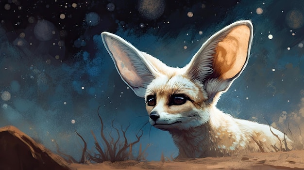 Una pintura de un zorro fennec con un fondo azul.