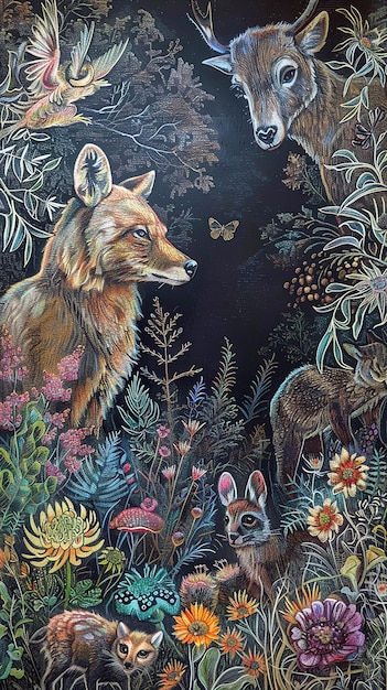 una pintura de un zorro y otros dos animales en una selva