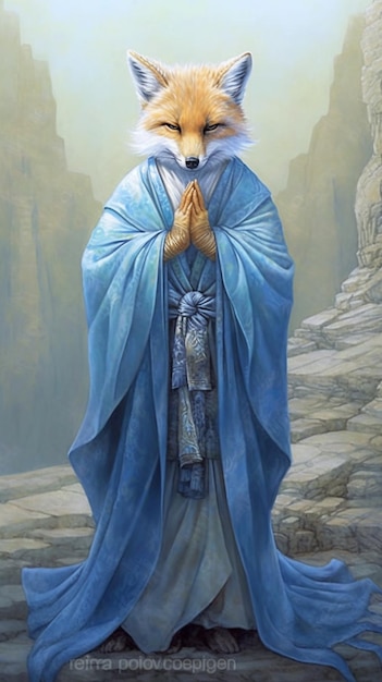 pintura de un zorro vestido con una túnica azul y sosteniendo una mano en oración ai generativo