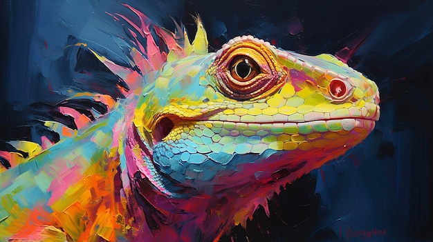 Foto pinturas a óleo de lagarto de néon, pinceladas grossas.