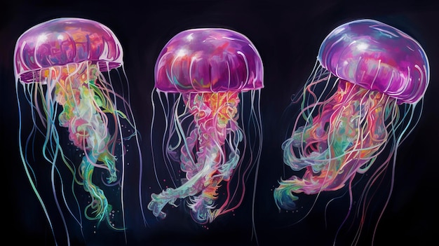 Pinturas a óleo de néon de água-viva com pinceladas grossas