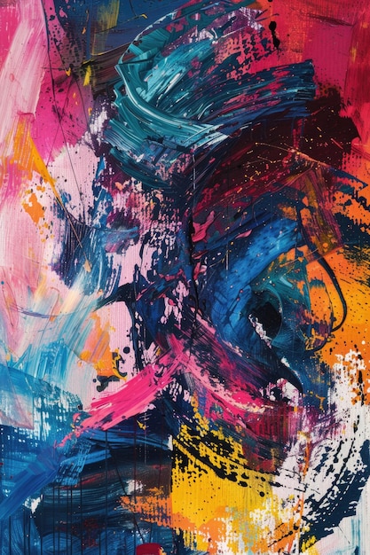 Pinturas abstratas de acrílico e salpicos em azul, rosa e amarelo em lona