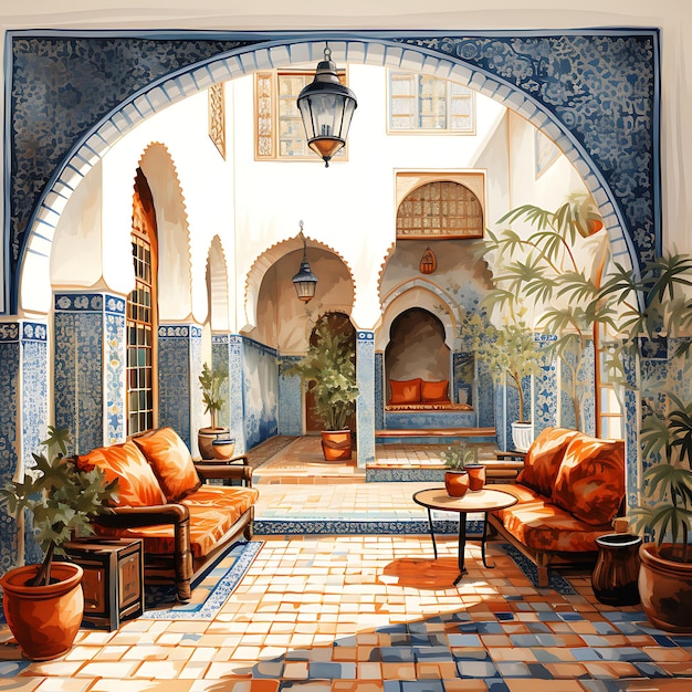 Pinturas en acuarela de acogedoras habitaciones amuebladas e interiores decorados de países y culturas