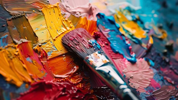 Pinturas al óleo coloridas en una paleta con un pincel Closeup