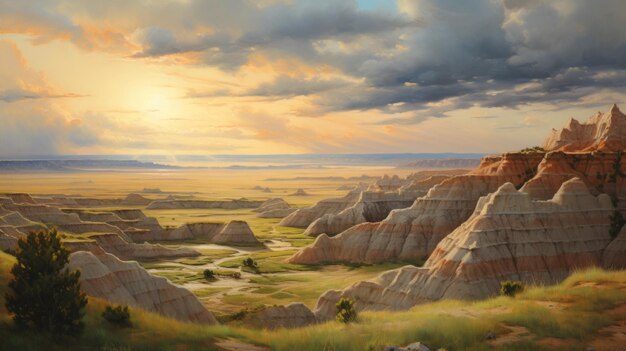 Pinturas antigas de badlands com renderizações suaves e gradientes sutis