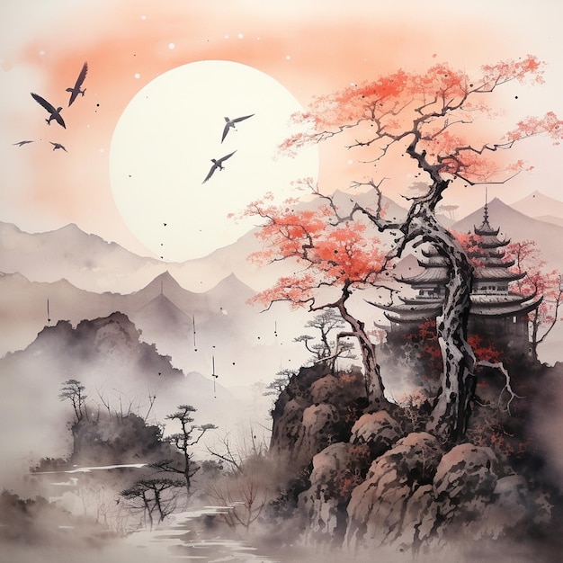 Pinturas de casas de agua, impresiones de mokuhanga, sumi y pintura japonesa de cerezos en flor.