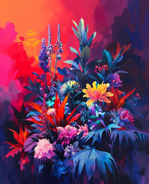 pinturas de flores de néon coloridas geradas por ai
