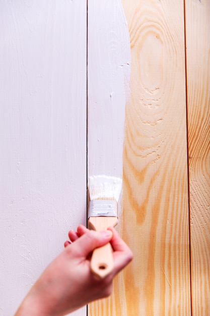 Pinturas de mão feminina em placas de madeira brancas