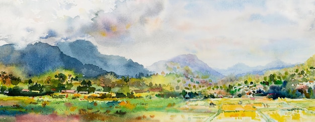 Pinturas de paisagem em aquarela do agricultor do campo de arroz da vila com fundo de montanha e nuvem