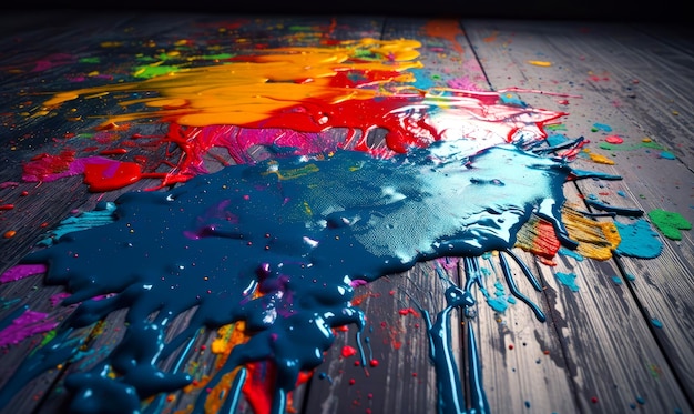 Pinturas de diversos colores vertidas en el suelo de madera Manchas y toques de color Primer plano IA generativa