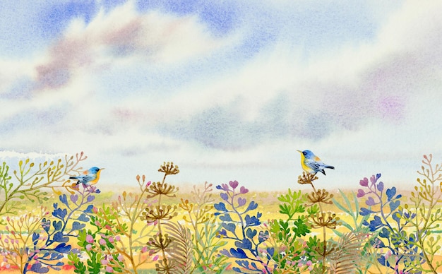 Pinturas em aquarela acoplam folhas verdes florais de pássaros com fundo de céu de jardim de flores silvestres