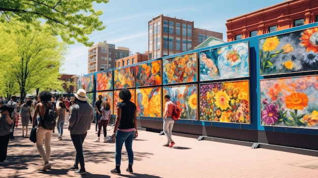 Pinturas y esculturas vibrantes en la plaza del mercado urbano