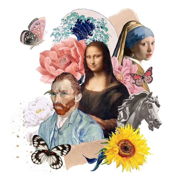 Pinturas famosas png pegatinas vintage medios mixtos fondo transparente Remezclado por rawpixel