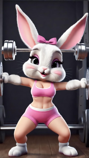 PinUp-kleines Kaninchen, das Trainingskleidung trägt und im Fitnessstudio trainiert