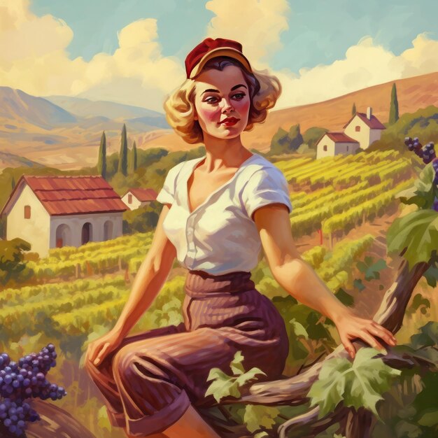 Pinup-Mädchen pflückt Trauben in einer ländlichen, hügeligen Landschaft