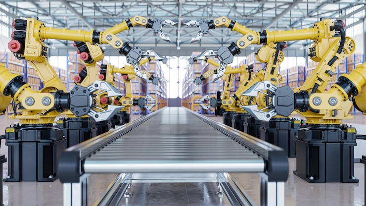 Foto pinzas de brazo robótico para la industria en renderizado factory3d