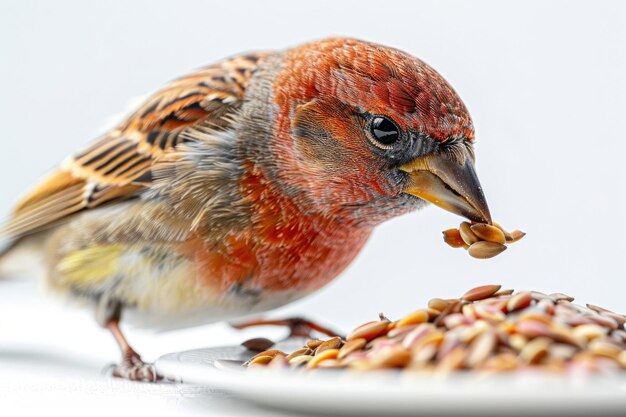 Foto un pinzón se alimenta con un pico lleno de semillas