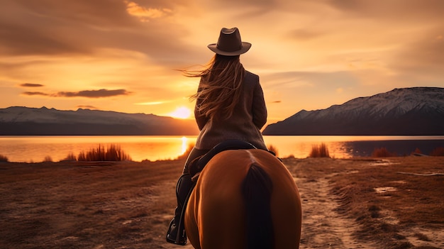 Pioneirismo Spirit Woman Cowboy a cavalo ao pôr do sol