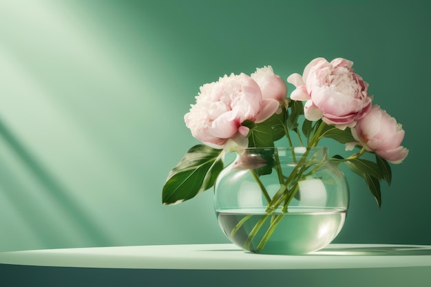 Piones macios rosa em vaso de vidro na mesa verde vazia para montagem de seus produtos