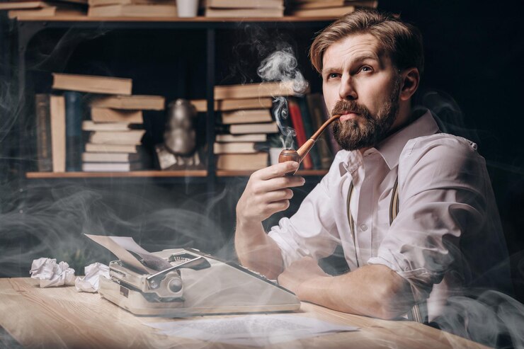 Pipa de autor masculino pensativo y pensamiento
