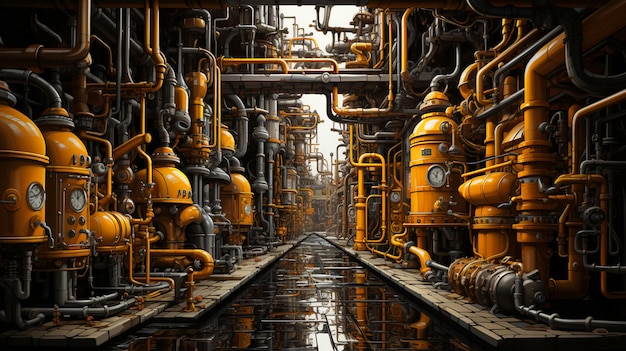 Pipelines com válvulas e equipamentos químicos numa fábrica industrial