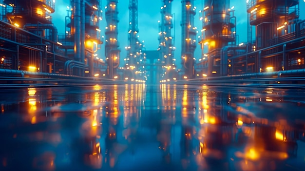 Pipelines industriais e válvulas em luz azul de uma planta petroquímica Fundo industrial