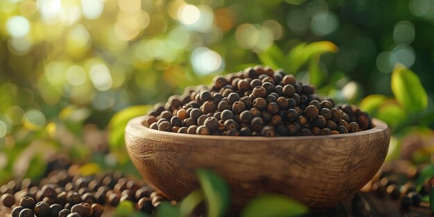 Piper cubeba cubeb Pfeffer auf einer aus Holz gefertigten Schüssel Kopieren Sie den vorhandenen Text