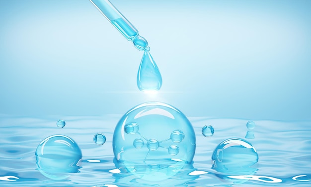 Pipeta cosmética con molécula dentro de gota de líquido de suero sobre fondo de agua representación 3d