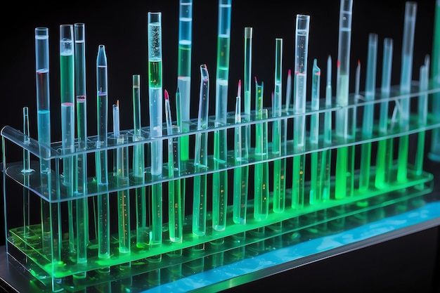 Pipeta de laboratorio con gota de líquido verde sobre tubos de ensayo para un experimento en un laboratorio de investigación científica