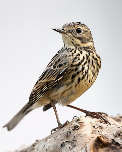 Foto el pipit buffbellied de pie en una pequeña raíz aislado en fondo blanco