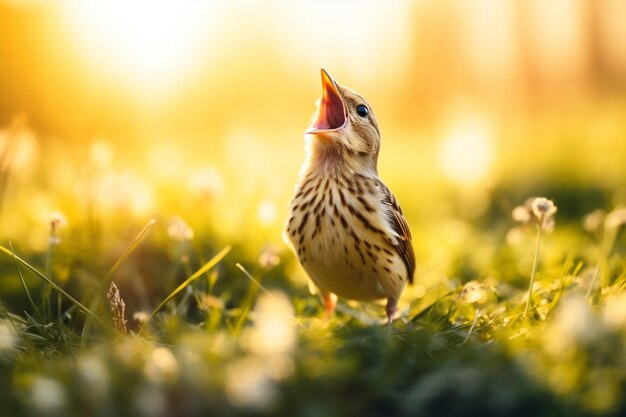 Foto pipit radiante cantando sua canção alegre em meio a um campo de grama brilhante