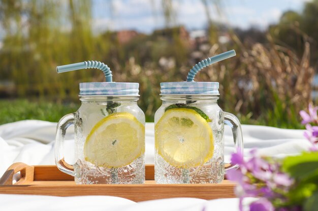 Piquenique ao ar livre de verão com dois potes de limonada fresca