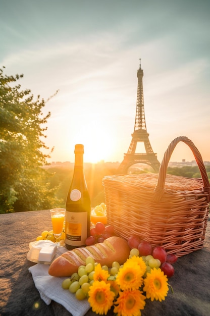 Piquenique com baguetes de vinho francês e flores com eiffel tower generative ai