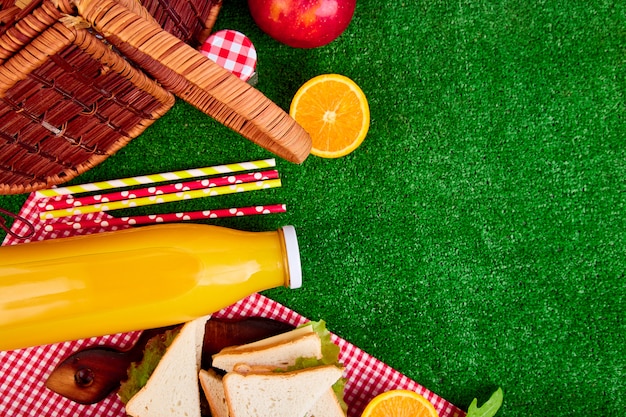 Piquenique com suco de laranja e sanduíches