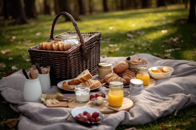 Piquenique de café da manhã no parque com cesta de ovos e torradas criados com IA generativa