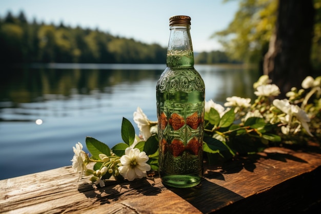 Piquenique de refrigerante de garrafa de vidro na borda de um lago generativo IA