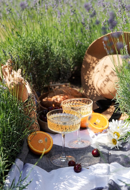 Piquenique de verão em um campo de lavanda