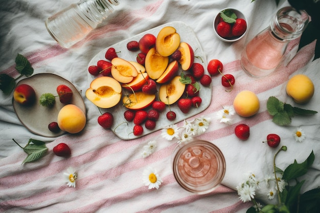 Piquenique de verão feminino bagas de frutas e água de limão em cobertor de algodão listrado