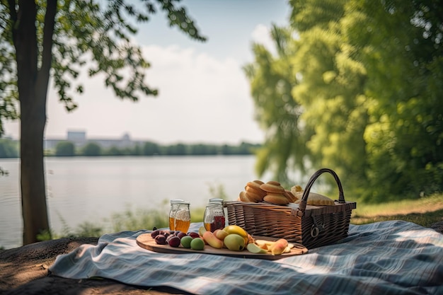 Piquenique de verão no parque com vista para o lago e árvores verdes ao fundo