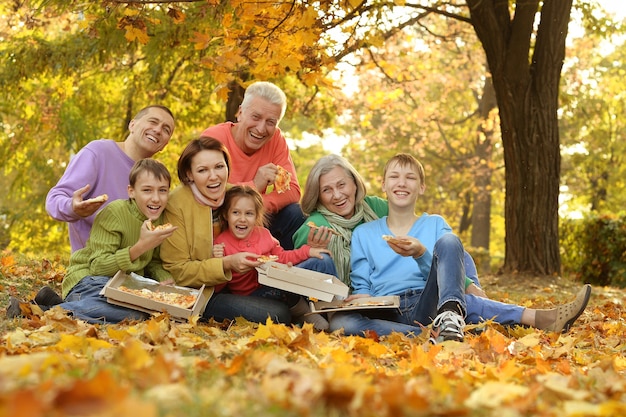 Piquenique em família grande feliz na floresta