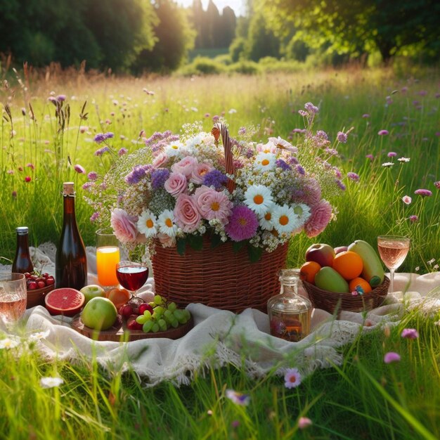 piquenique em um prado verde com uma cesta de frutas e flores