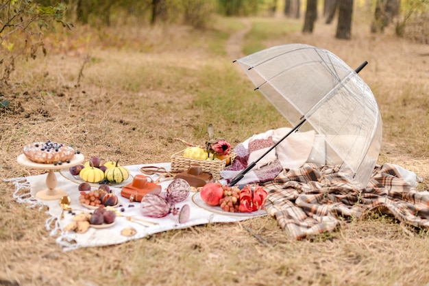 Piquenique na floresta com frutas e padaria e guarda-chuva