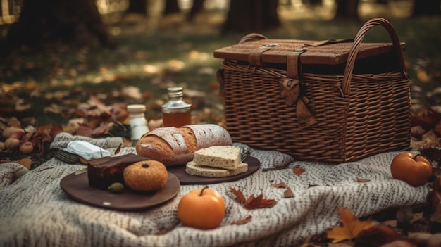 Piquenique na floresta de outono com uma cesta de comida