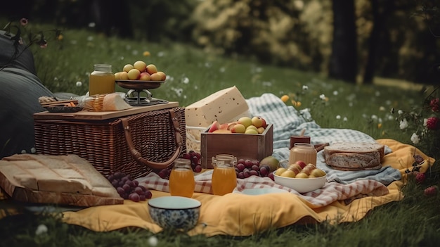 Piquenique no parque com cesta de queijos e frutas