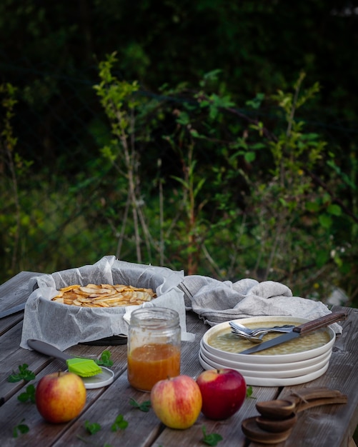 Foto piquenique no parque com torta de maçã caseira