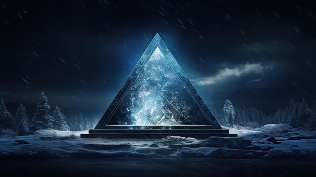 pirâmide azul em uma nevasca à noite generativa ai